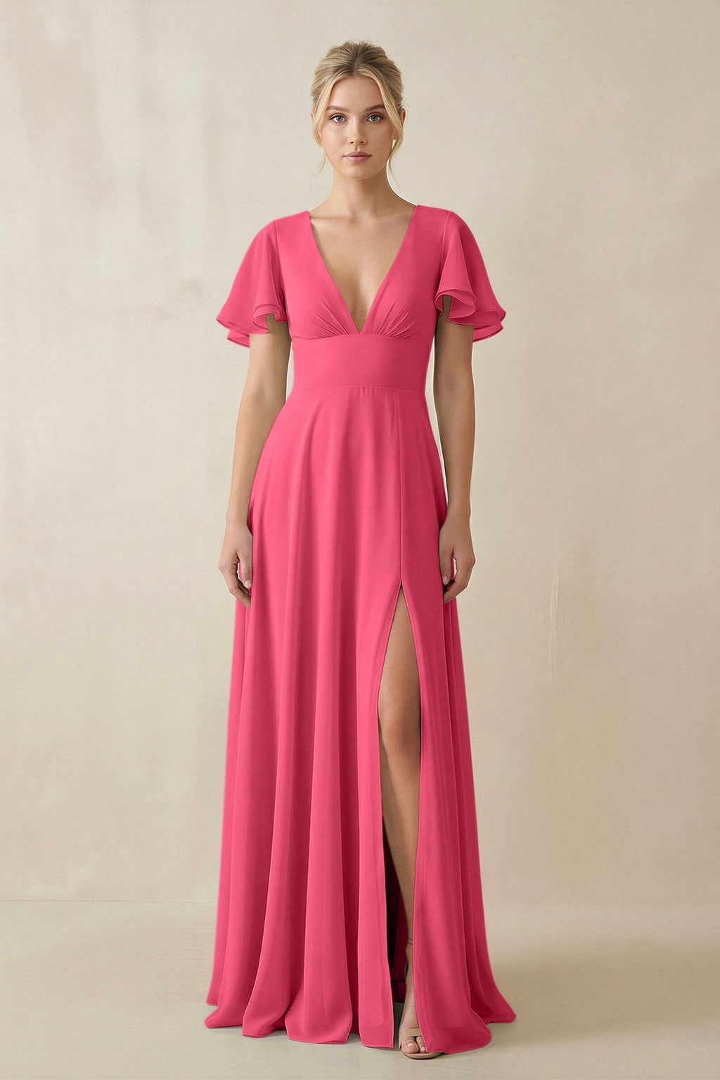 V - Neck Ruffled Short Sleeves A - Line Bridesmaid Dress in Fuchsia - SHE IS ME Bridesmaid Dresses