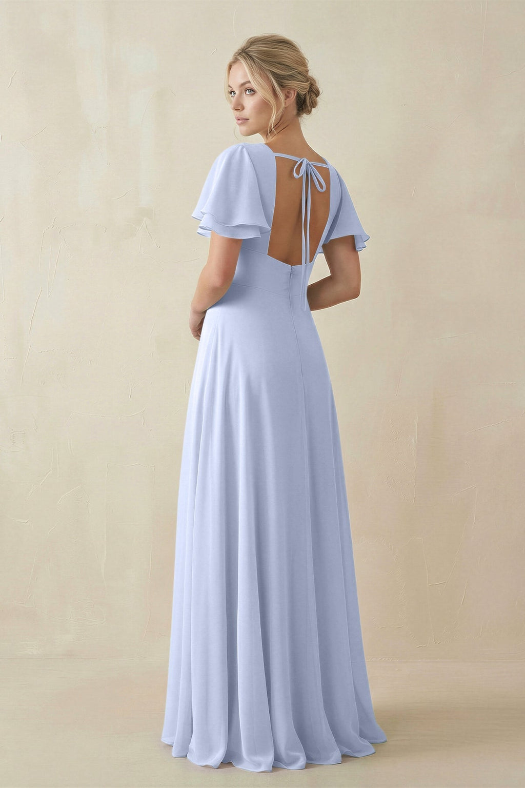 V - Neck Ruffled Short Sleeves A - Line Bridesmaid Dress in Ice - SHE IS ME Bridesmaid Dresses