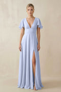 V - Neck Ruffled Short Sleeves A - Line Bridesmaid Dress in Ice - SHE IS ME Bridesmaid Dresses