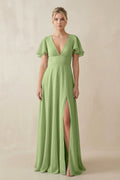 V - Neck Ruffled Short Sleeves A - Line Bridesmaid Dress in Matcha - SHE IS ME Bridesmaid Dresses