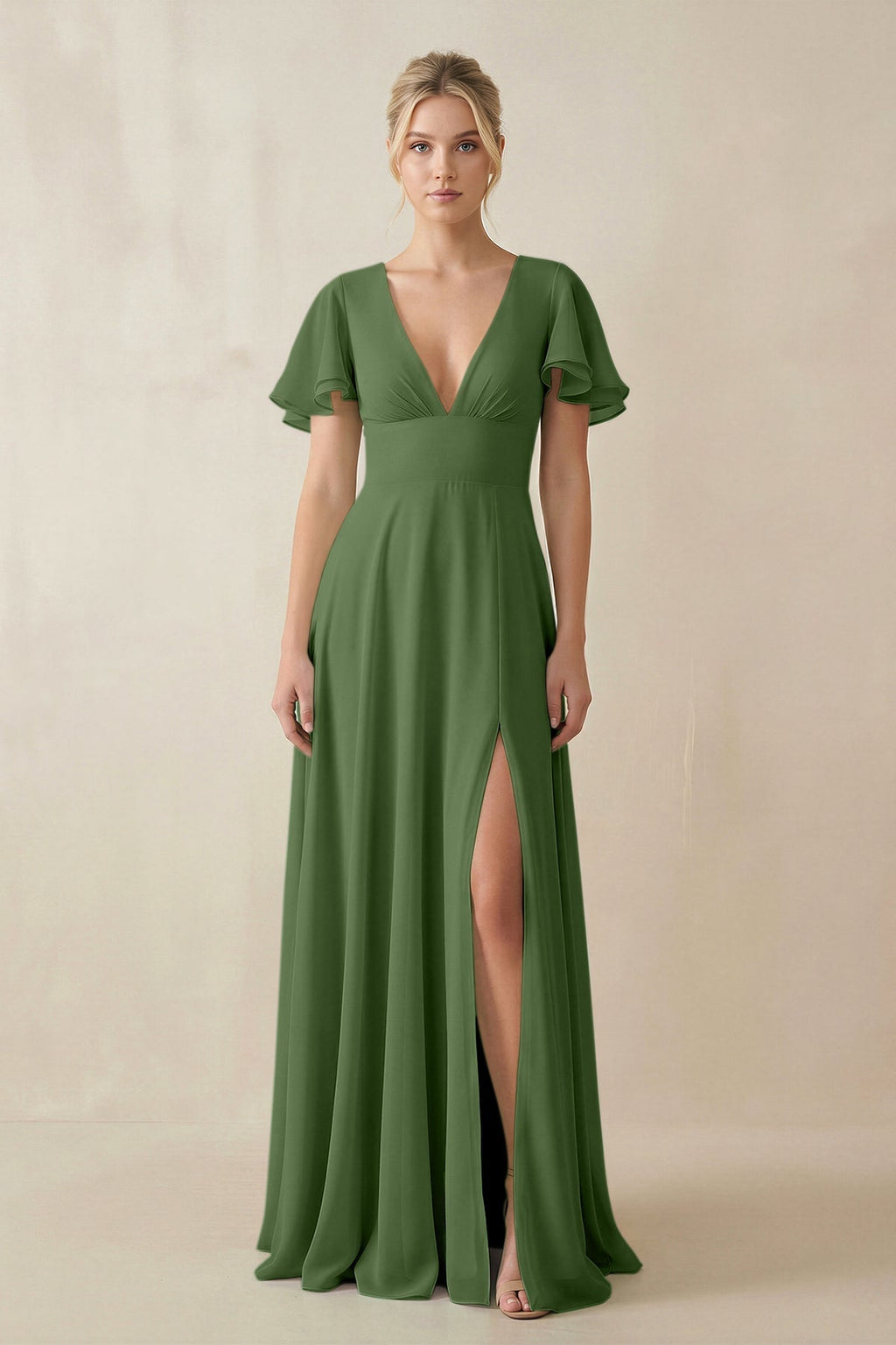 V - Neck Ruffled Short Sleeves A - Line Bridesmaid Dress in Moss - SHE IS ME Bridesmaid Dresses
