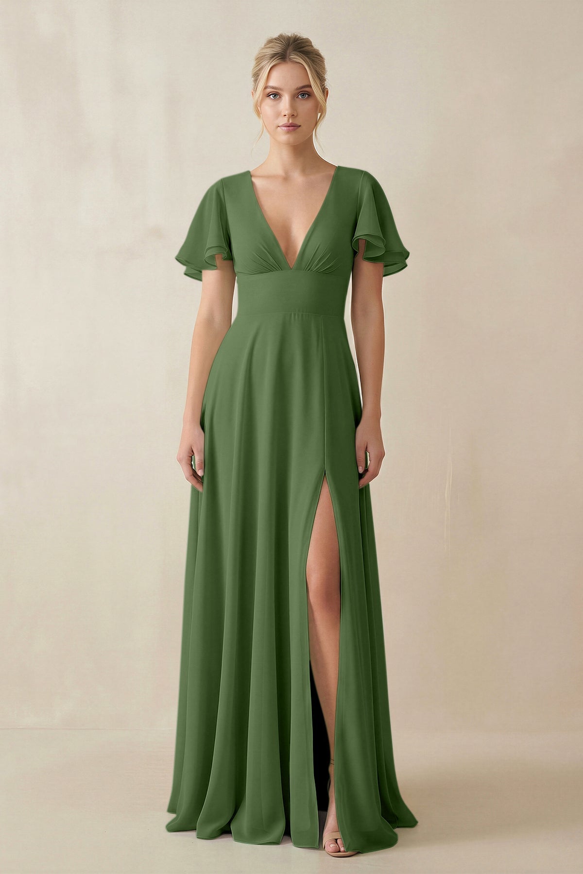 V - Neck Ruffled Short Sleeves A - Line Bridesmaid Dress in Moss - SHE IS ME Bridesmaid Dresses