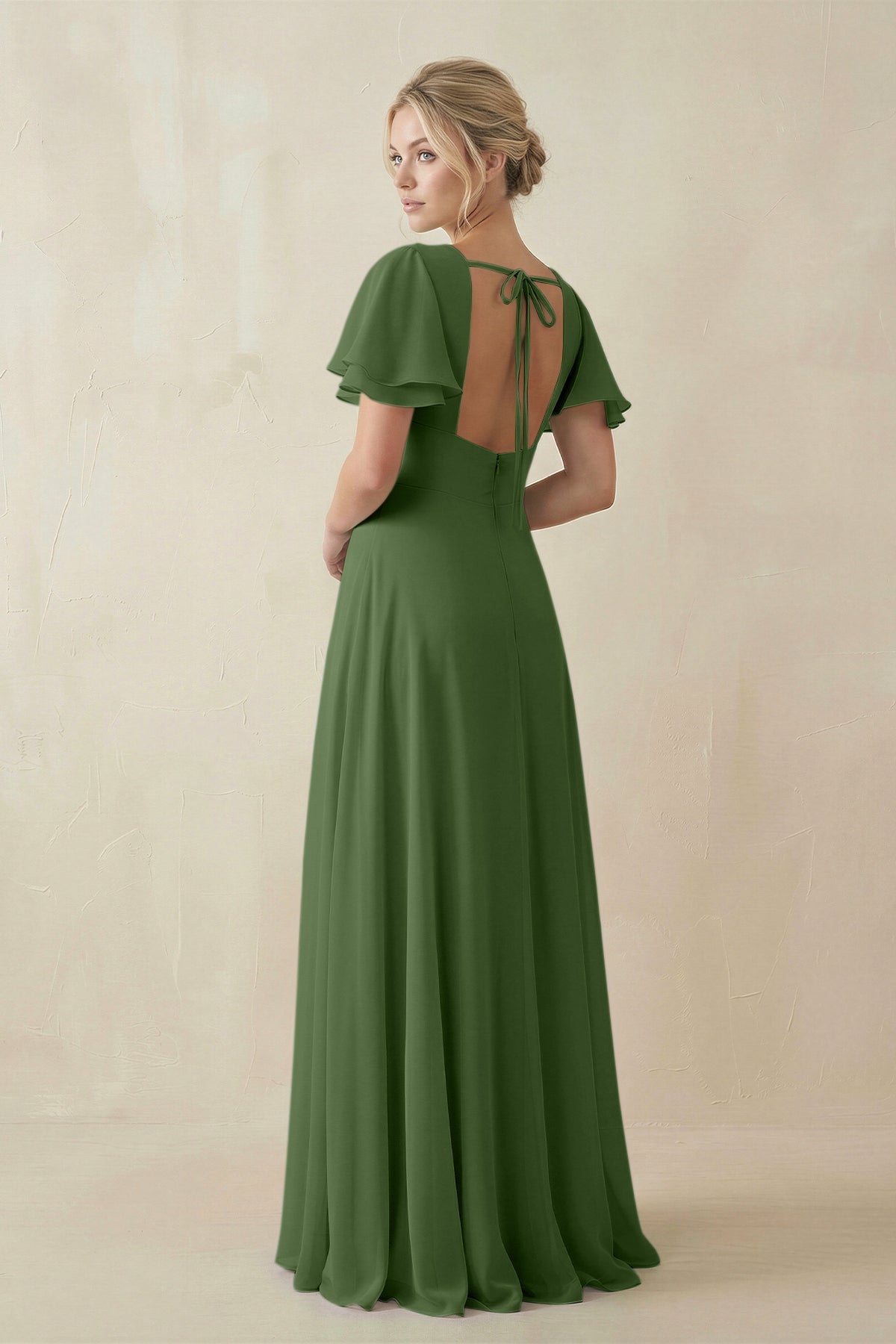 V - Neck Ruffled Short Sleeves A - Line Bridesmaid Dress in Moss - SHE IS ME Bridesmaid Dresses