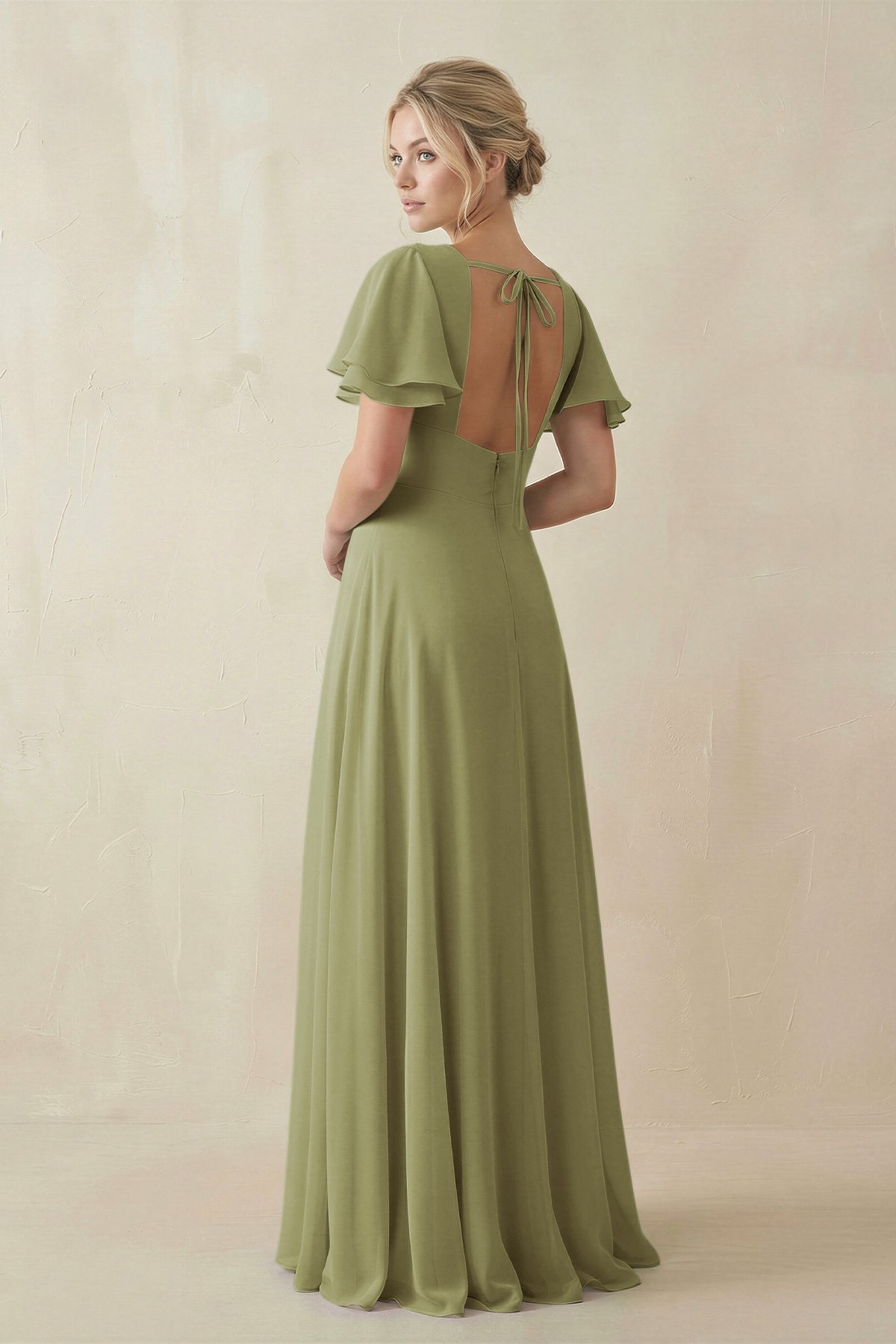 V - Neck Ruffled Short Sleeves A - Line Bridesmaid Dress in Moss Green - SHE IS ME Bridesmaid Dresses