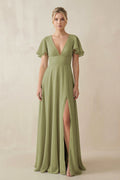 V - Neck Ruffled Short Sleeves A - Line Bridesmaid Dress in Moss Green - SHE IS ME Bridesmaid Dresses