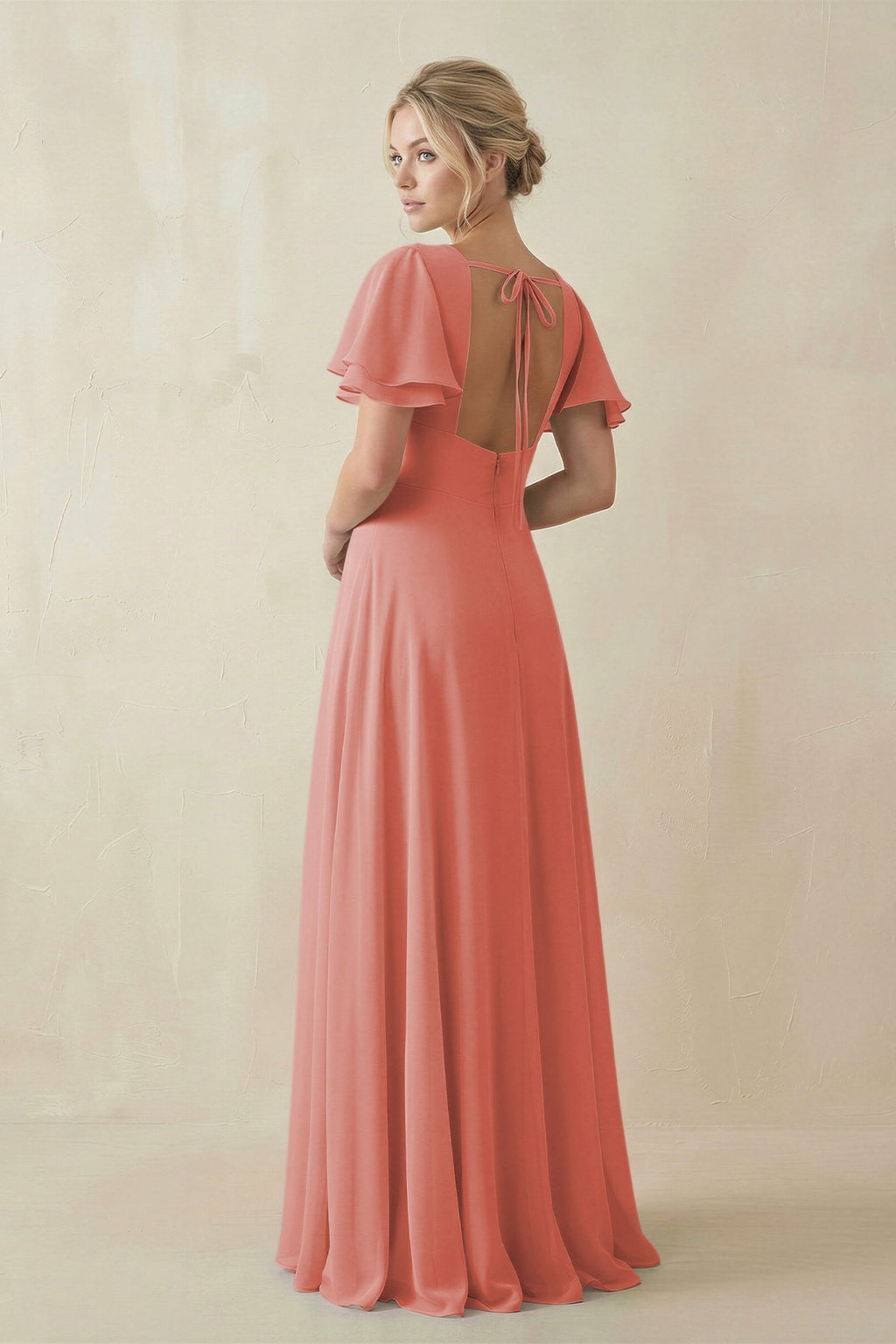 V - Neck Ruffled Short Sleeves A - Line Bridesmaid Dress in Mulberry - SHE IS ME Bridesmaid Dresses