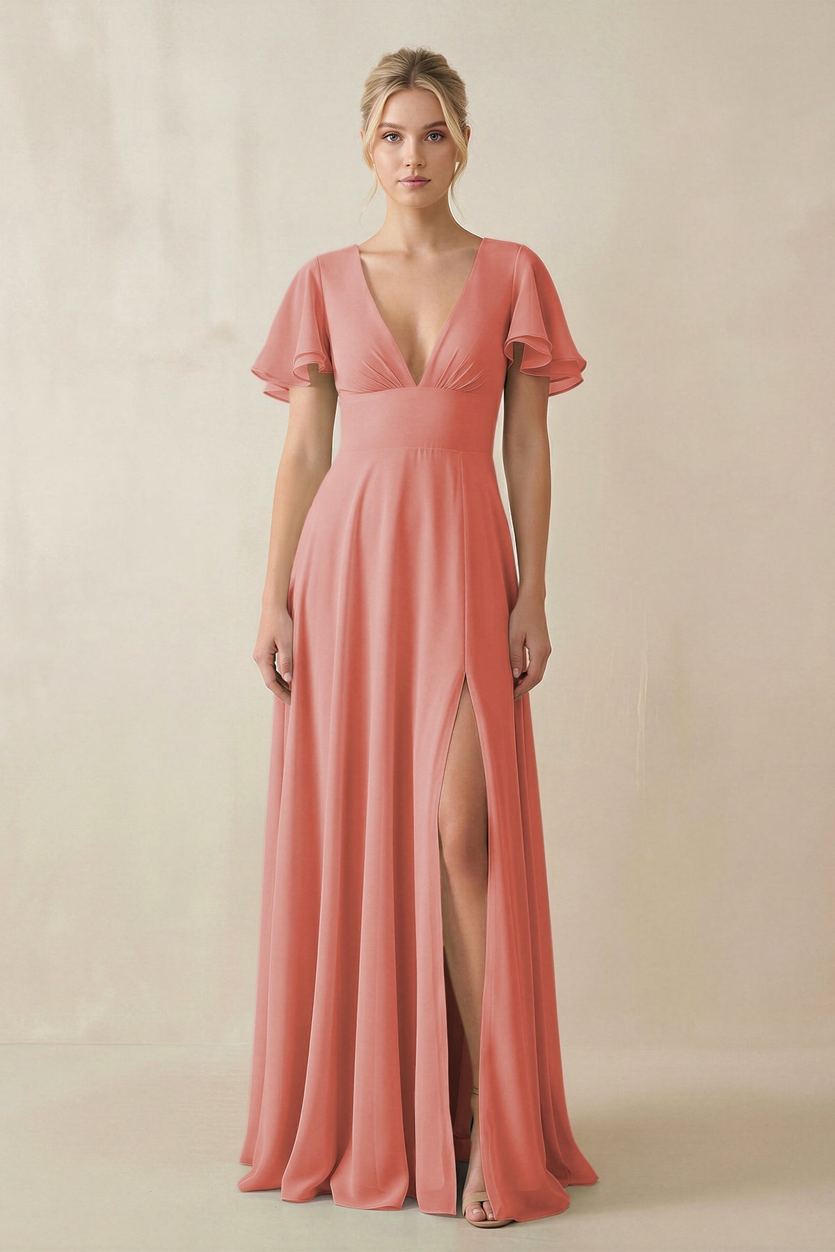 V - Neck Ruffled Short Sleeves A - Line Bridesmaid Dress in Mulberry - SHE IS ME Bridesmaid Dresses