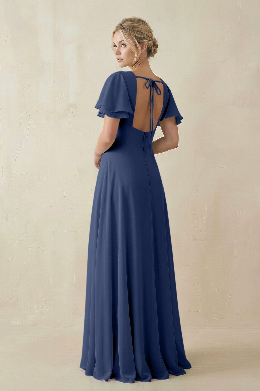 V - Neck Ruffled Short Sleeves A - Line Bridesmaid Dress in Navy - SHE IS ME Bridesmaid Dresses