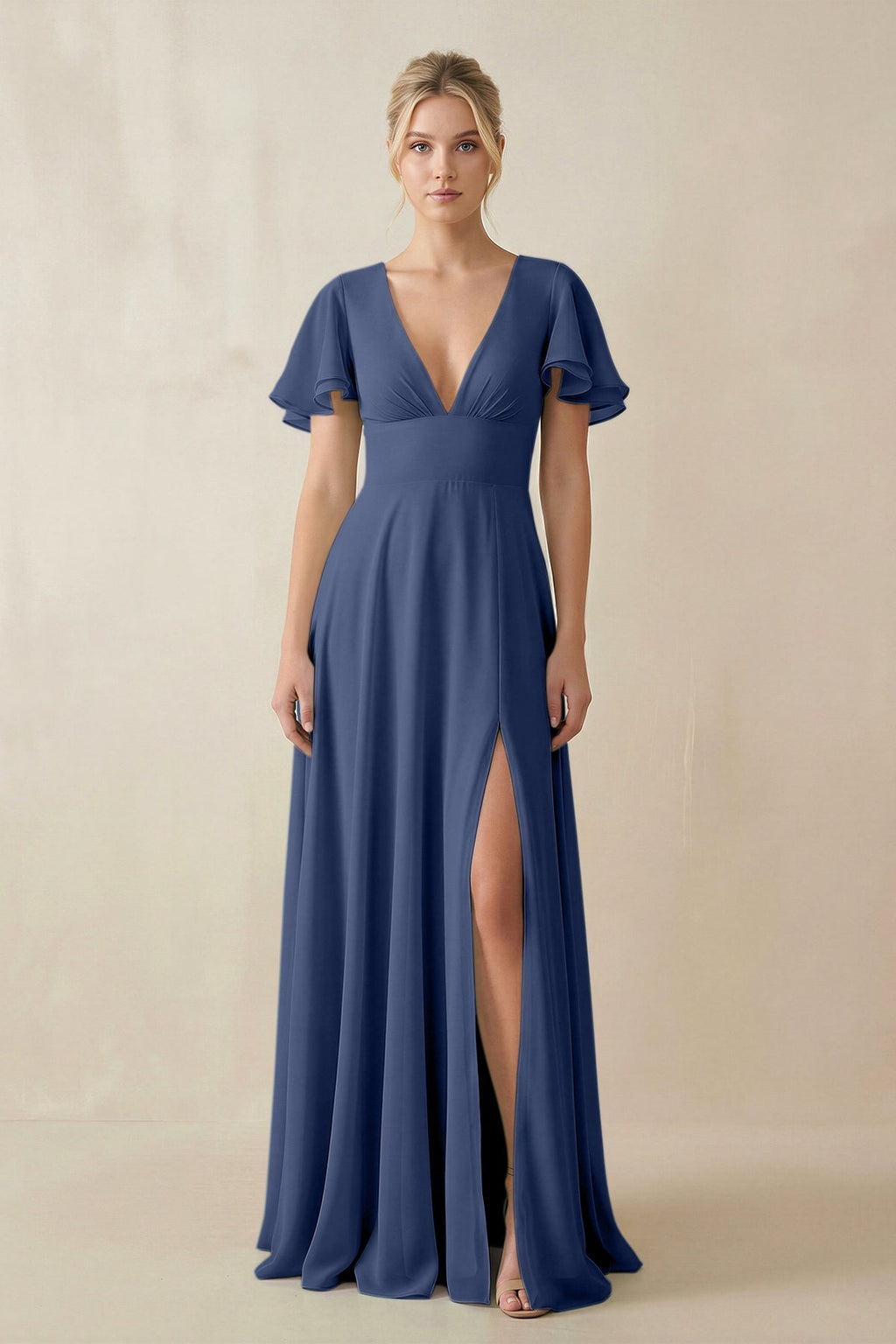 V - Neck Ruffled Short Sleeves A - Line Bridesmaid Dress in Navy - SHE IS ME Bridesmaid Dresses