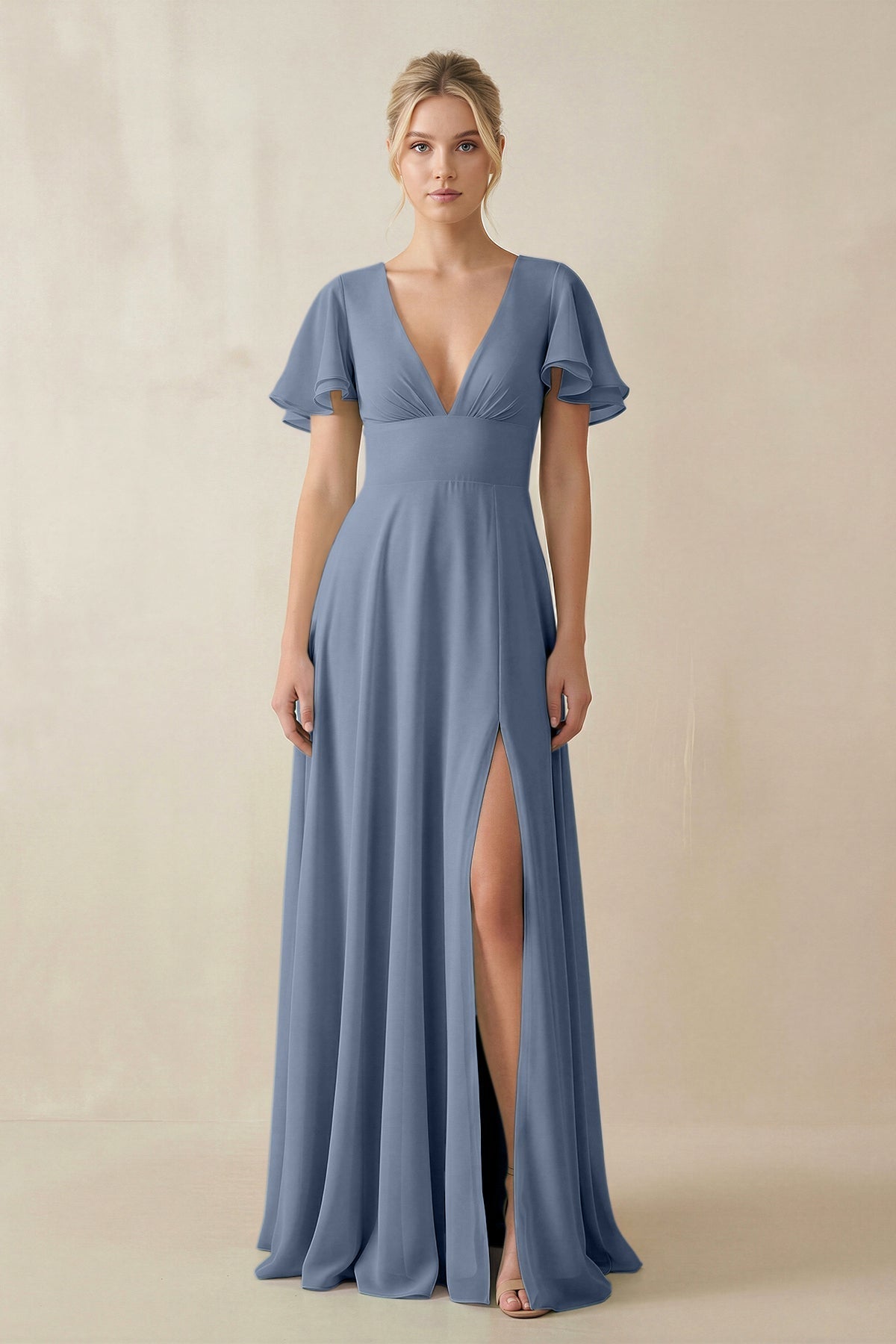 V - Neck Ruffled Short Sleeves A - Line Bridesmaid Dress in Neptune - SHE IS ME Bridesmaid Dresses