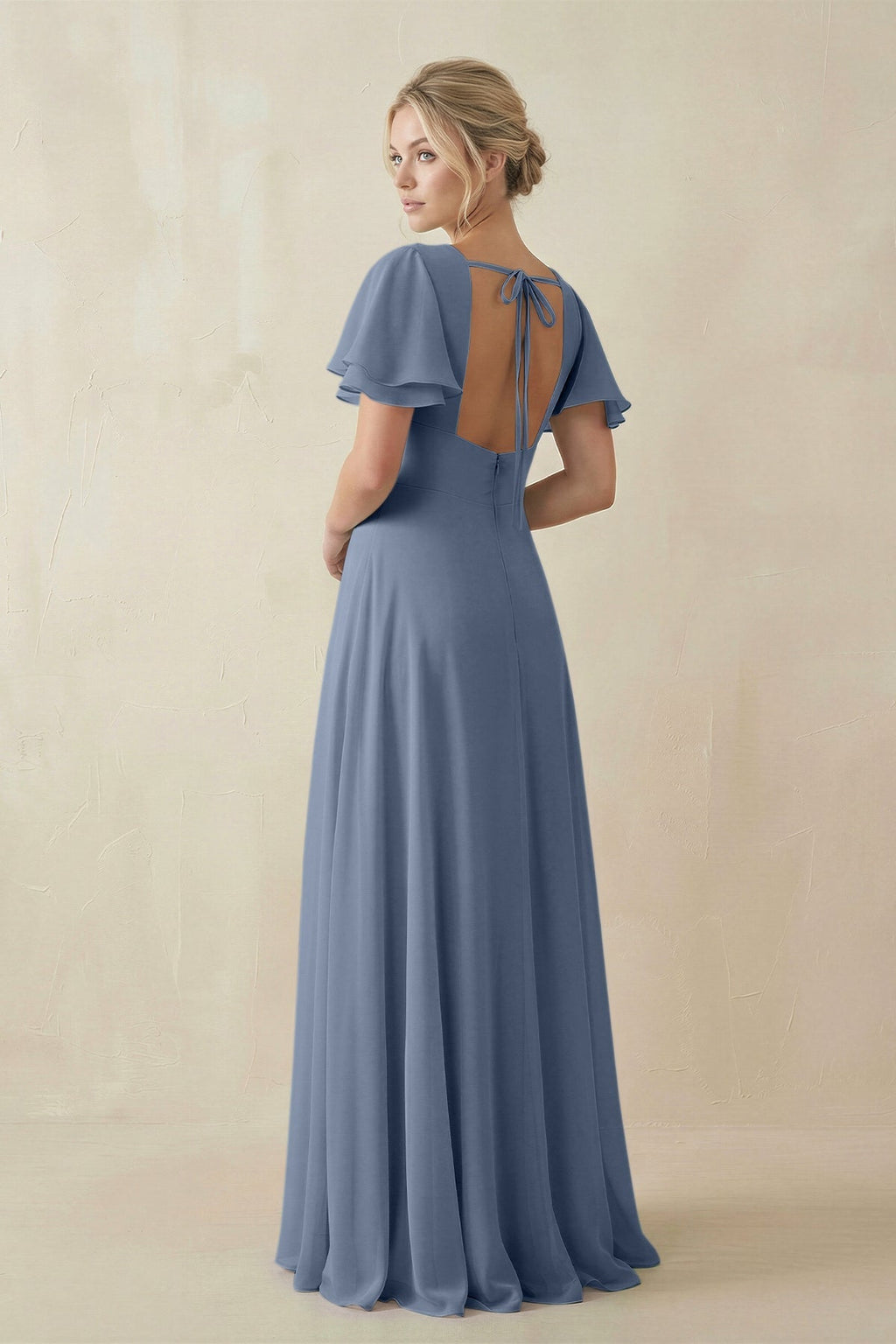 V - Neck Ruffled Short Sleeves A - Line Bridesmaid Dress in Neptune - SHE IS ME Bridesmaid Dresses