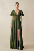 V - Neck Ruffled Short Sleeves A - Line Bridesmaid Dress in Olive - SHE IS ME Bridesmaid Dresses