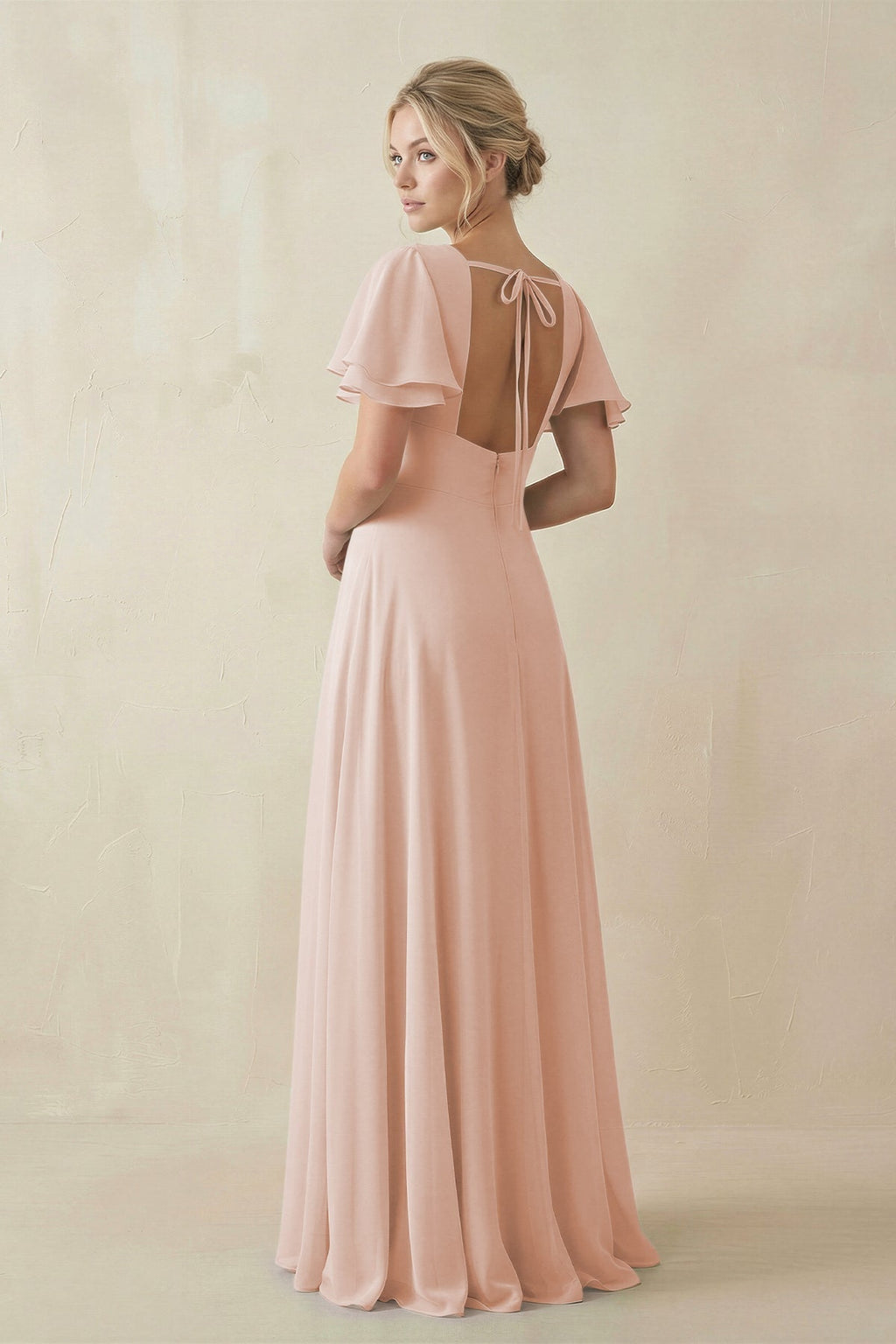 V - Neck Ruffled Short Sleeves A - Line Bridesmaid Dress in Pale Blush - SHE IS ME Bridesmaid Dresses