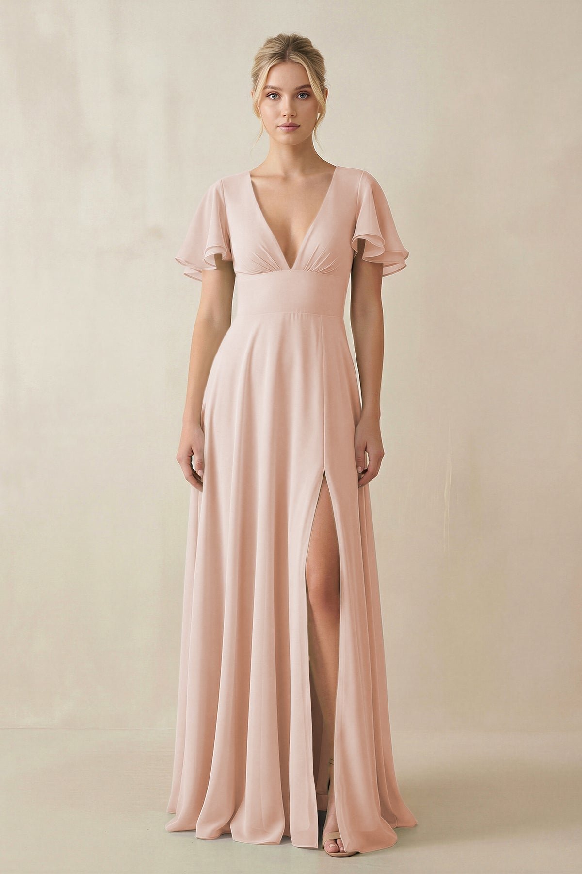 V - Neck Ruffled Short Sleeves A - Line Bridesmaid Dress in Pale Blush - SHE IS ME Bridesmaid Dresses