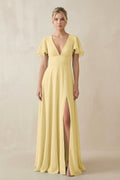 V - Neck Ruffled Short Sleeves A - Line Bridesmaid Dress in Pastel Yellow - SHE IS ME Bridesmaid Dresses