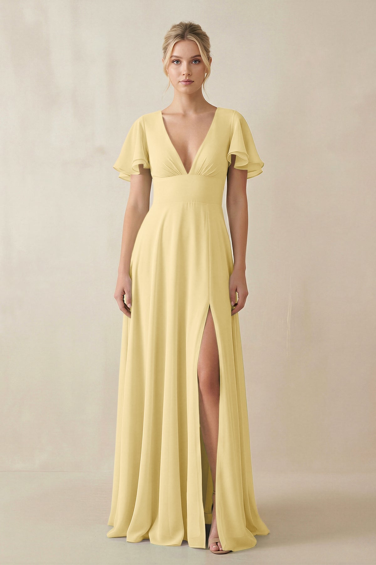 V - Neck Ruffled Short Sleeves A - Line Bridesmaid Dress in Pastel Yellow - SHE IS ME Bridesmaid Dresses