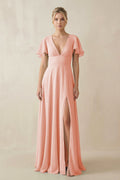 V - Neck Ruffled Short Sleeves A - Line Bridesmaid Dress in Rose Petal - SHE IS ME Bridesmaid Dresses