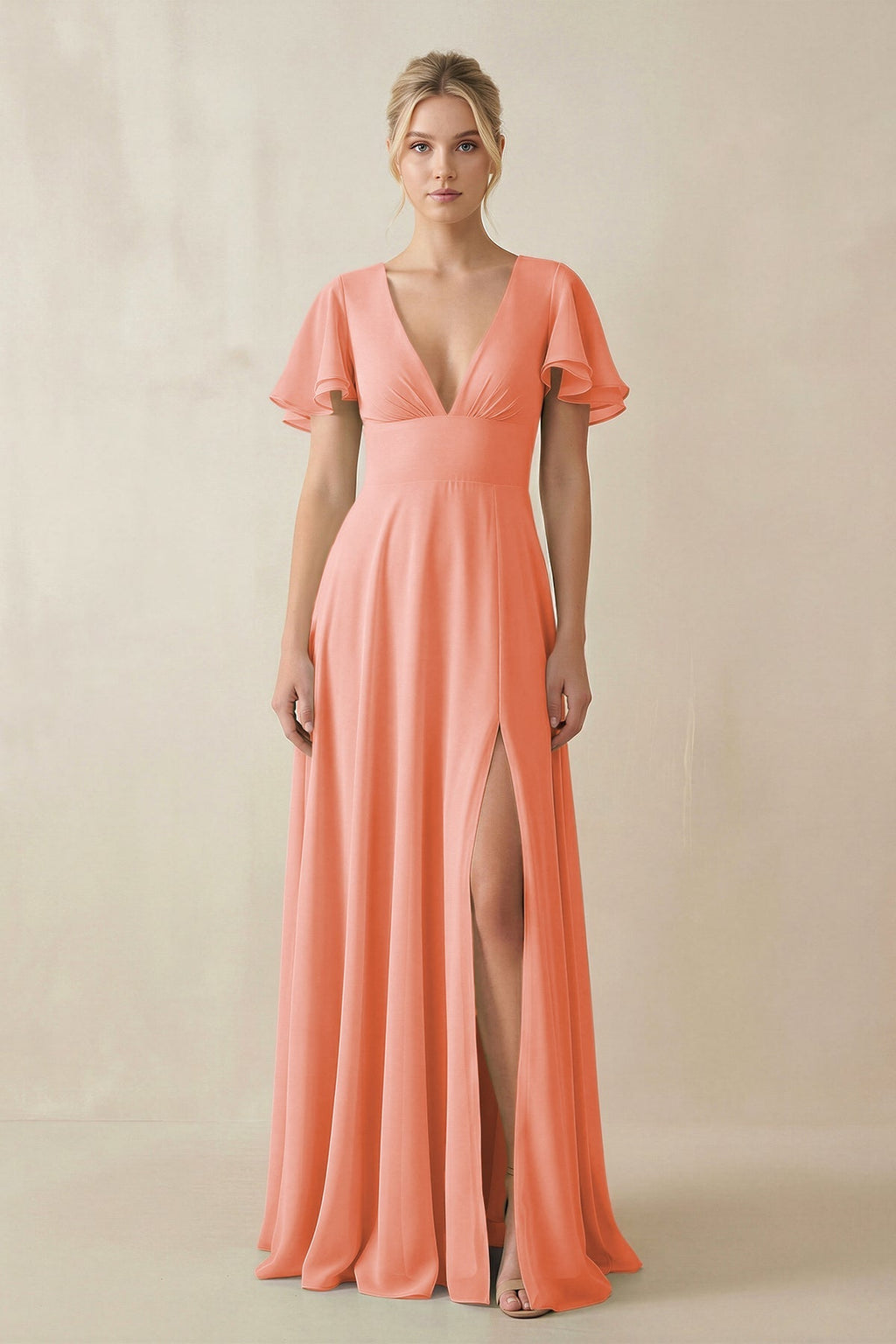 V - Neck Ruffled Short Sleeves A - Line Bridesmaid Dress in Rosette - SHE IS ME Bridesmaid Dresses