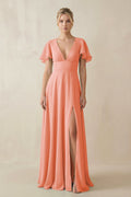 V - Neck Ruffled Short Sleeves A - Line Bridesmaid Dress in Rosette - SHE IS ME Bridesmaid Dresses