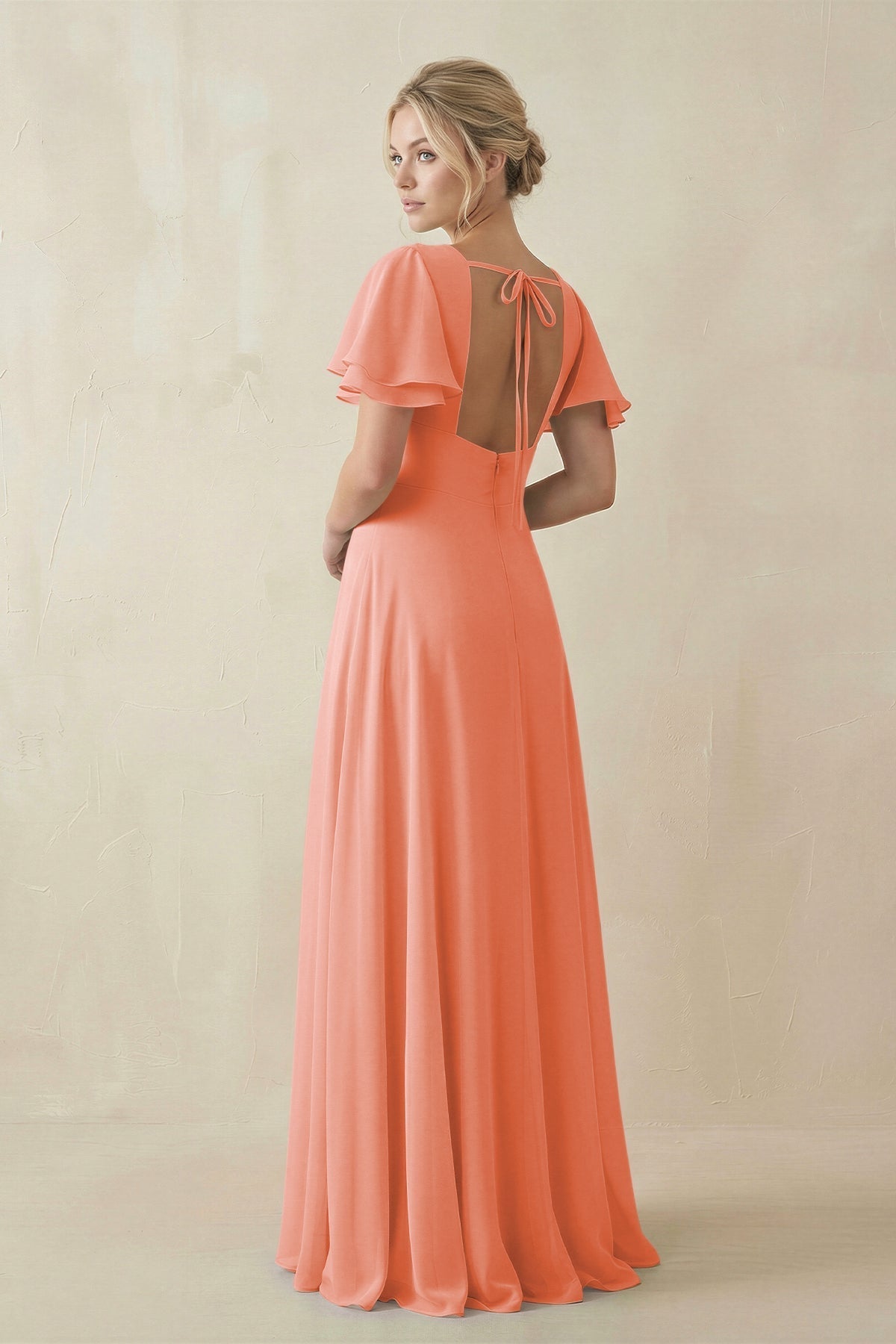 V - Neck Ruffled Short Sleeves A - Line Bridesmaid Dress in Rosette - SHE IS ME Bridesmaid Dresses