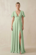 V - Neck Ruffled Short Sleeves A - Line Bridesmaid Dress in Sage - SHE IS ME Bridesmaid Dresses