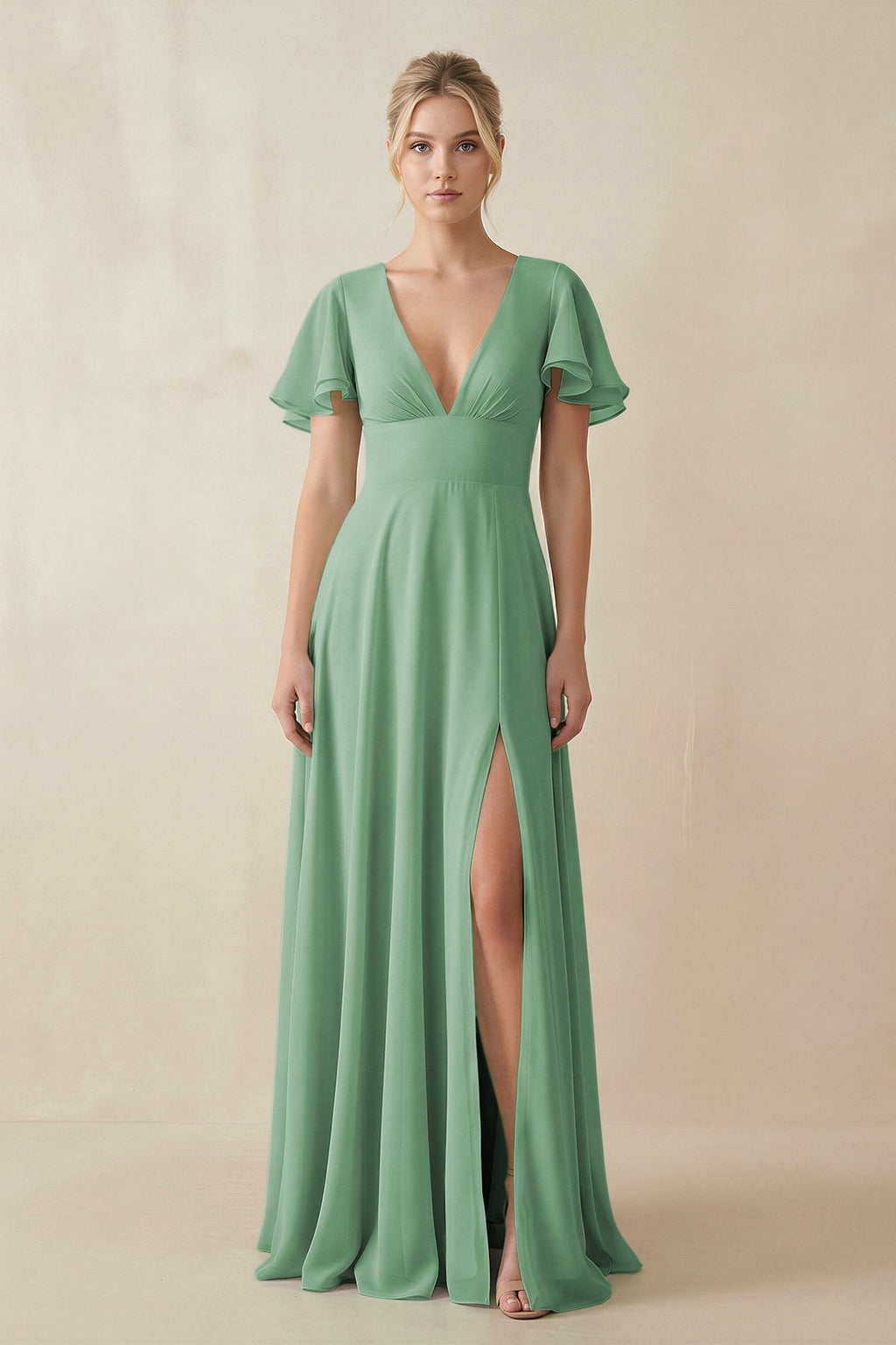 V - Neck Ruffled Short Sleeves A - Line Bridesmaid Dress in Sea Glass - SHE IS ME Bridesmaid Dresses