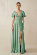 V - Neck Ruffled Short Sleeves A - Line Bridesmaid Dress in Sea Glass - SHE IS ME Bridesmaid Dresses
