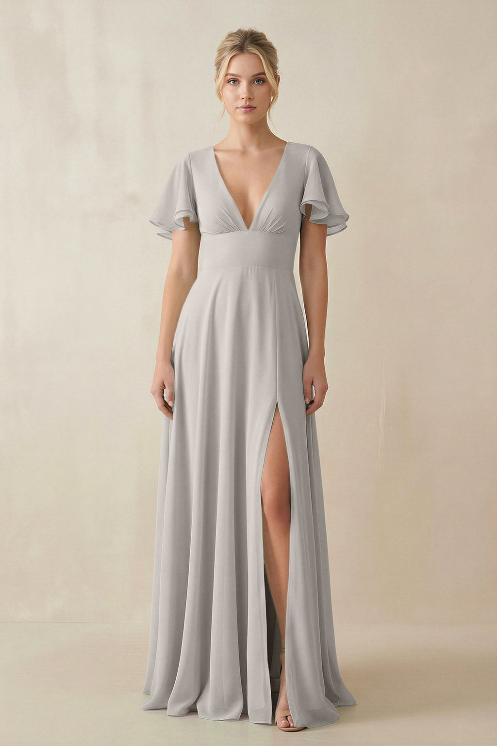 V - Neck Ruffled Short Sleeves A - Line Bridesmaid Dress in Silver - SHE IS ME Bridesmaid Dresses
