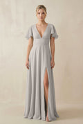 V - Neck Ruffled Short Sleeves A - Line Bridesmaid Dress in Silver - SHE IS ME Bridesmaid Dresses