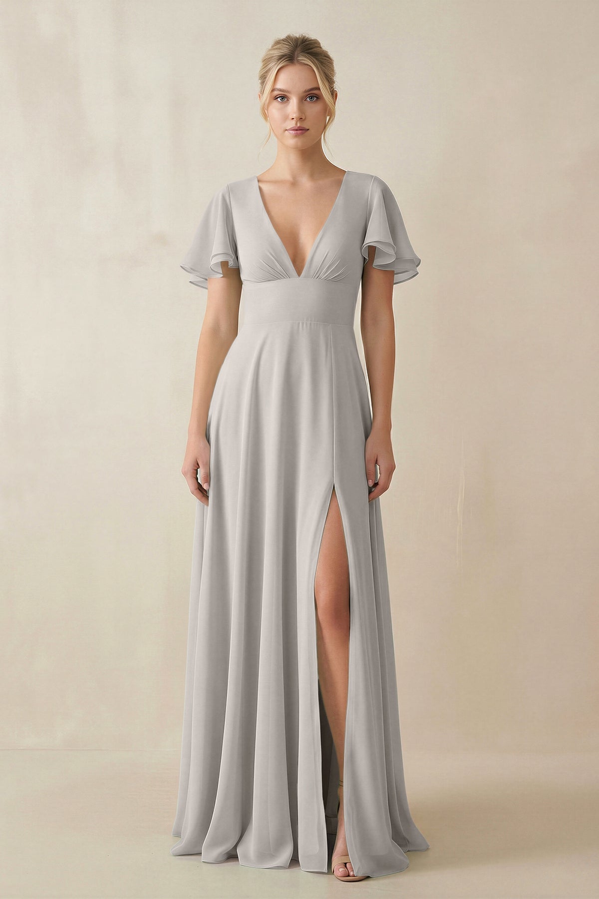 V - Neck Ruffled Short Sleeves A - Line Bridesmaid Dress in Silver - SHE IS ME Bridesmaid Dresses