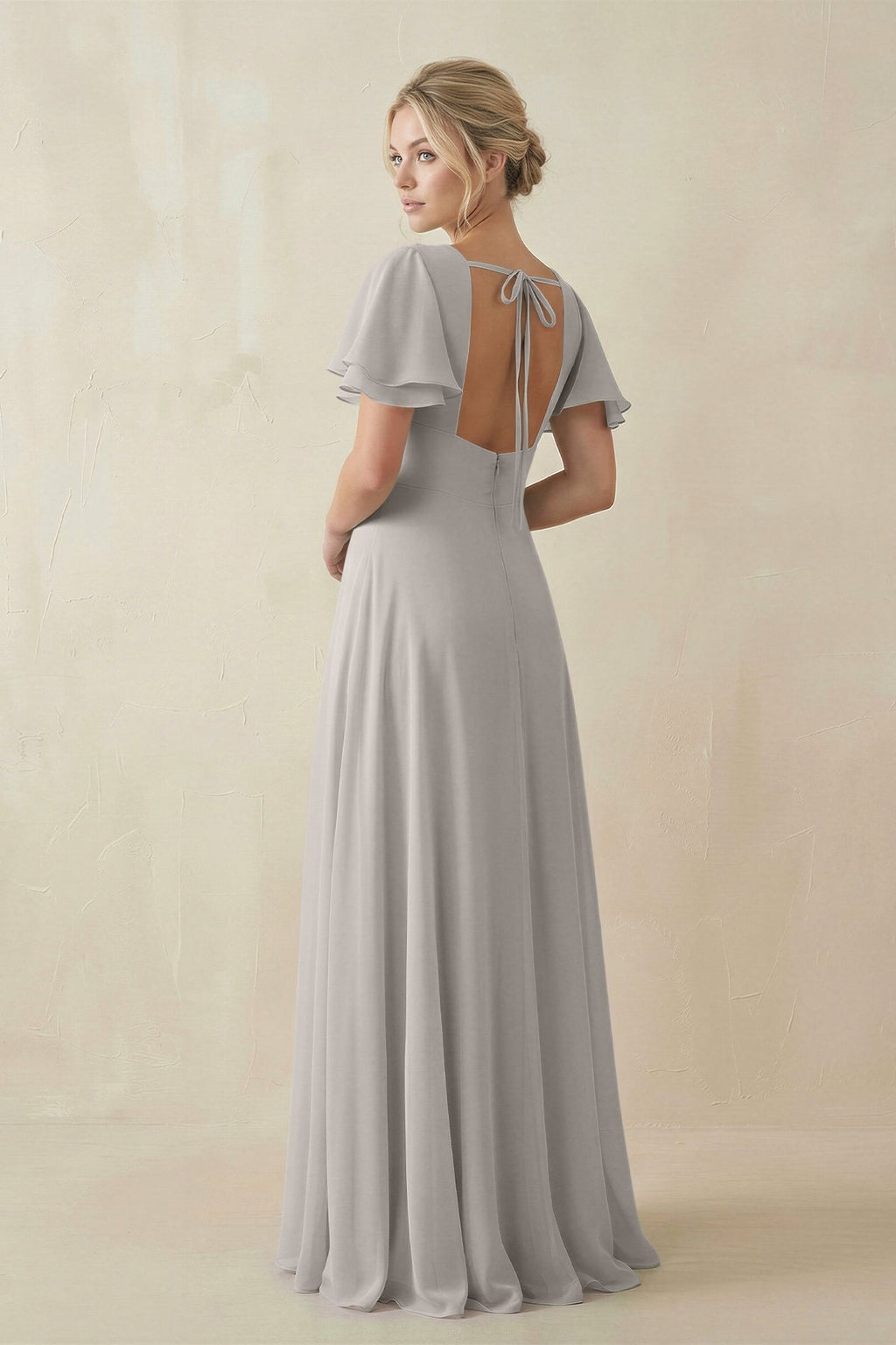 V - Neck Ruffled Short Sleeves A - Line Bridesmaid Dress in Silver - SHE IS ME Bridesmaid Dresses