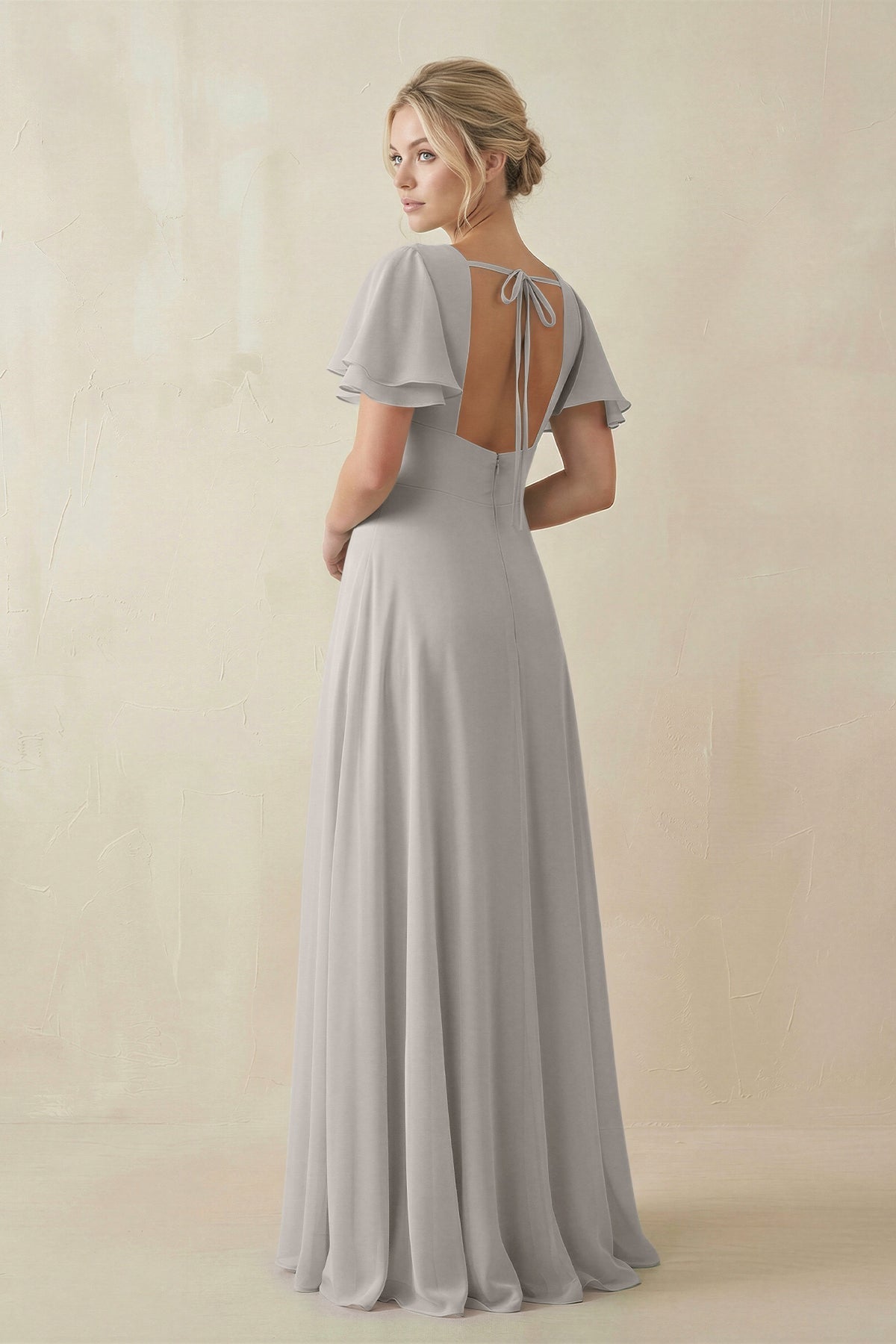 V - Neck Ruffled Short Sleeves A - Line Bridesmaid Dress in Silver - SHE IS ME Bridesmaid Dresses