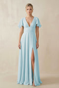 V - Neck Ruffled Short Sleeves A - Line Bridesmaid Dress in Sky Blue - SHE IS ME Bridesmaid Dresses