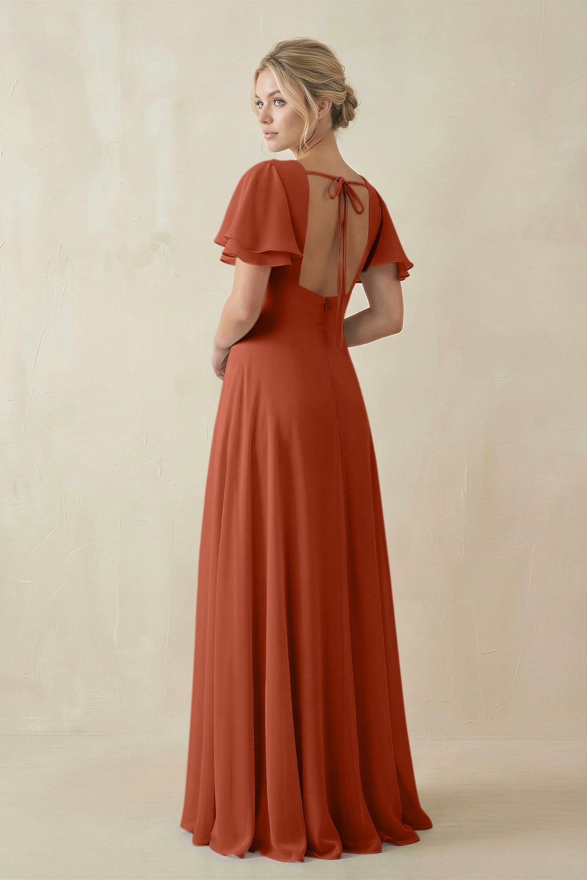 V - Neck Ruffled Short Sleeves A - Line Bridesmaid Dress in Spice - SHE IS ME Bridesmaid Dresses