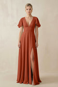 V - Neck Ruffled Short Sleeves A - Line Bridesmaid Dress in Spice - SHE IS ME Bridesmaid Dresses