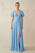 V - Neck Ruffled Short Sleeves A - Line Bridesmaid Dress in Steel Blue - SHE IS ME Bridesmaid Dresses