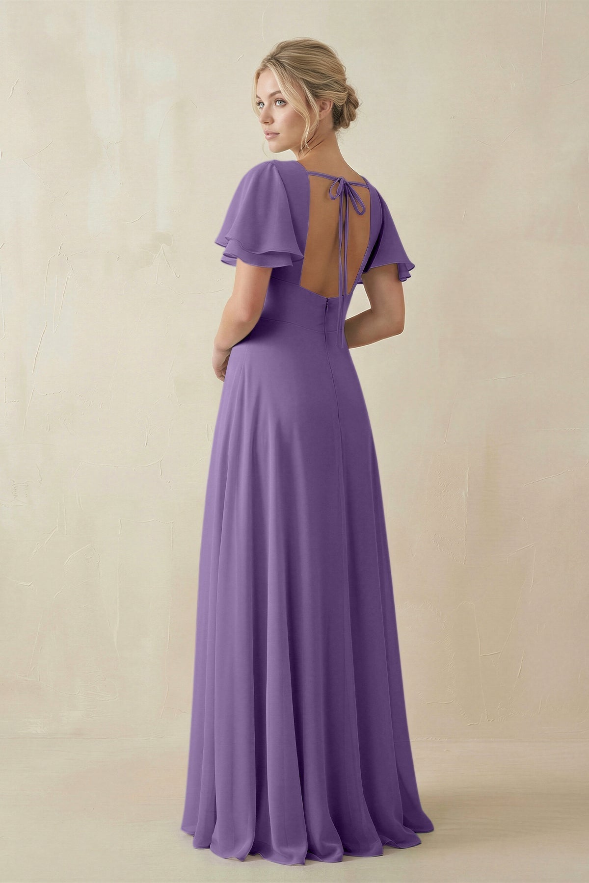 V - Neck Ruffled Short Sleeves A - Line Bridesmaid Dress in Tahiti - SHE IS ME Bridesmaid Dresses