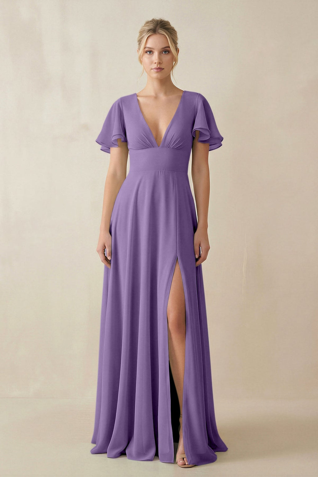 V - Neck Ruffled Short Sleeves A - Line Bridesmaid Dress in Tahiti - SHE IS ME Bridesmaid Dresses