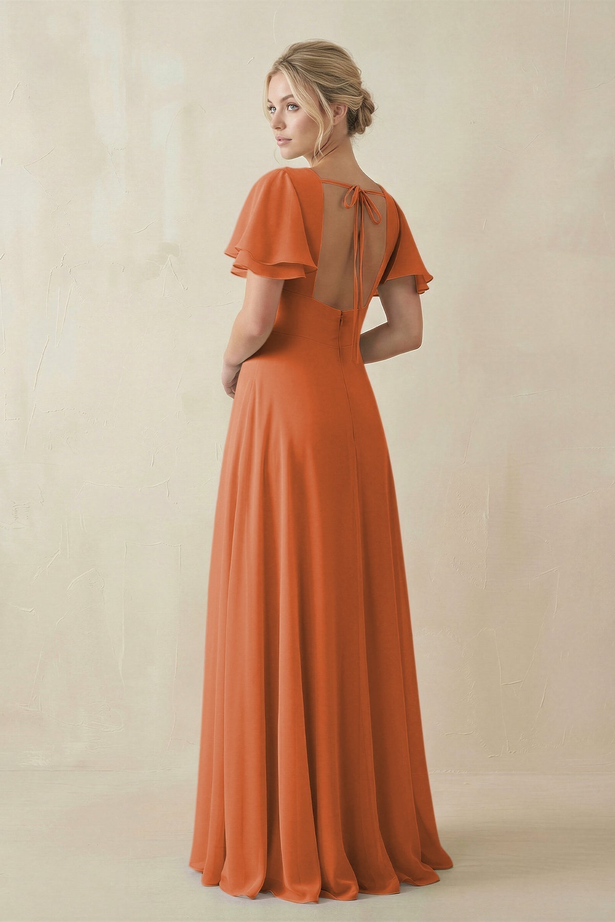 V - Neck Ruffled Short Sleeves A - Line Bridesmaid Dress in Terracotta - SHE IS ME Bridesmaid Dresses