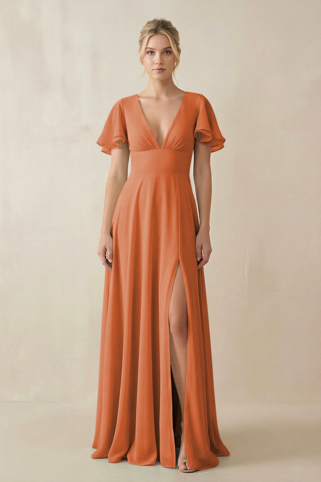 V - Neck Ruffled Short Sleeves A - Line Bridesmaid Dress in Terracotta - SHE IS ME Bridesmaid Dresses