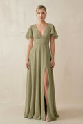 V - Neck Ruffled Short Sleeves A - Line Bridesmaid Dress in Thyme - SHE IS ME Bridesmaid Dresses