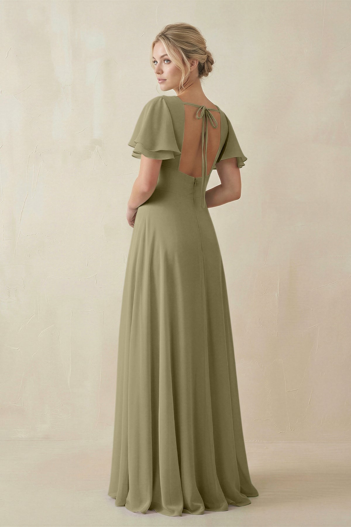 V - Neck Ruffled Short Sleeves A - Line Bridesmaid Dress in Thyme - SHE IS ME Bridesmaid Dresses