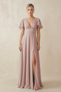 V - Neck Ruffled Short Sleeves A - Line Bridesmaid Dress in Toffee - SHE IS ME Bridesmaid Dresses