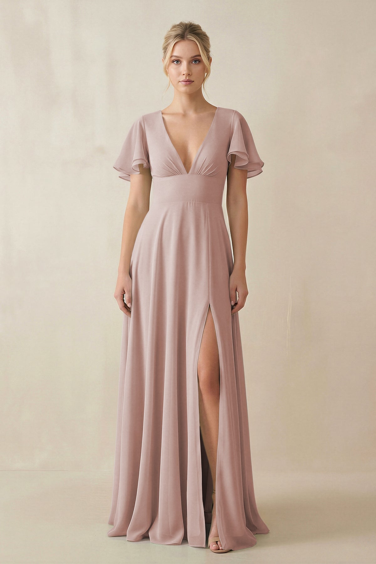 V - Neck Ruffled Short Sleeves A - Line Bridesmaid Dress in Toffee - SHE IS ME Bridesmaid Dresses