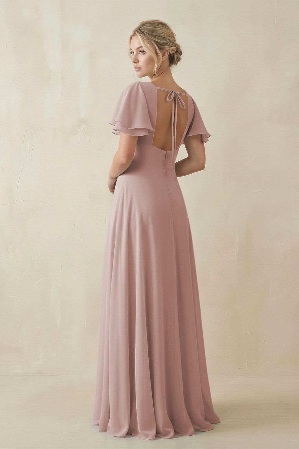 V - Neck Ruffled Short Sleeves A - Line Bridesmaid Dress in Toffee - SHE IS ME Bridesmaid Dresses