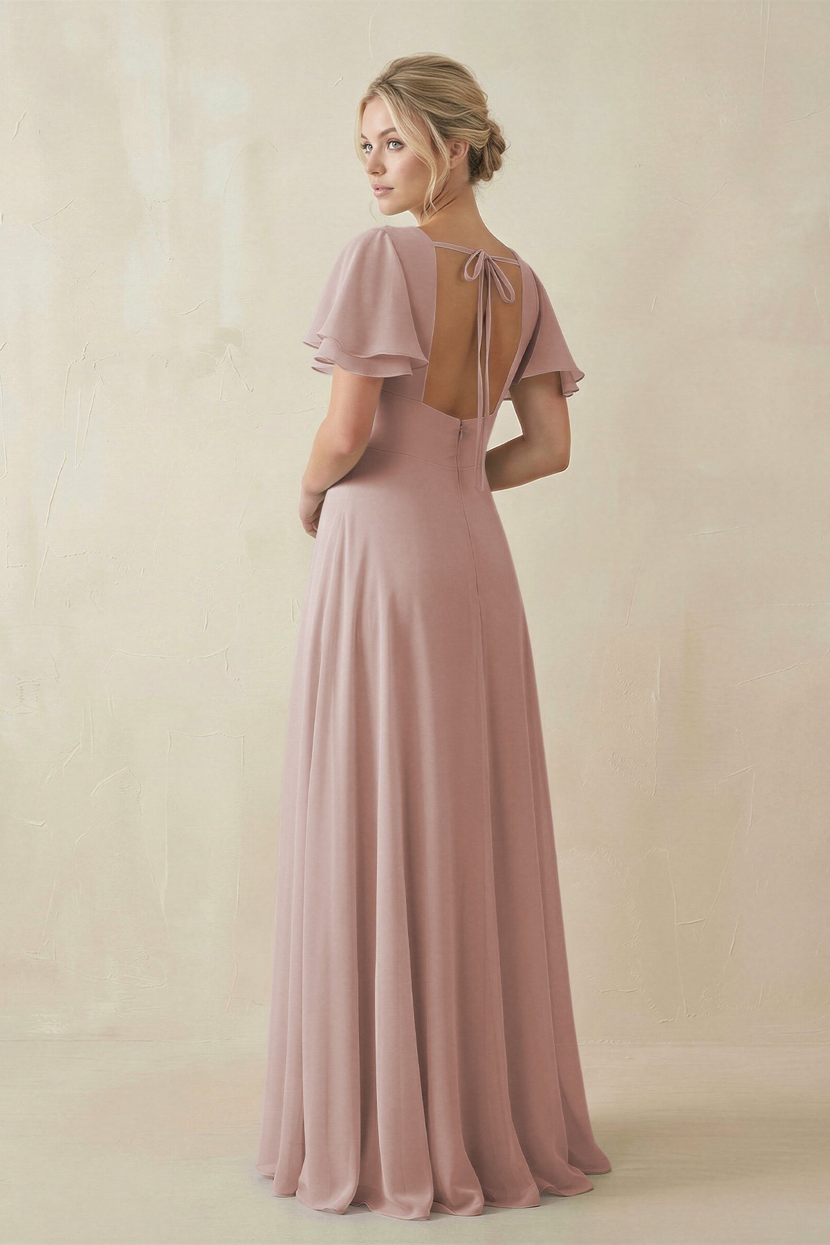 V - Neck Ruffled Short Sleeves A - Line Bridesmaid Dress in Toffee - SHE IS ME Bridesmaid Dresses