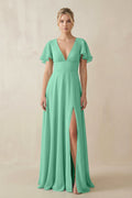 V - Neck Ruffled Short Sleeves A - Line Bridesmaid Dress in Turquoise - SHE IS ME Bridesmaid Dresses