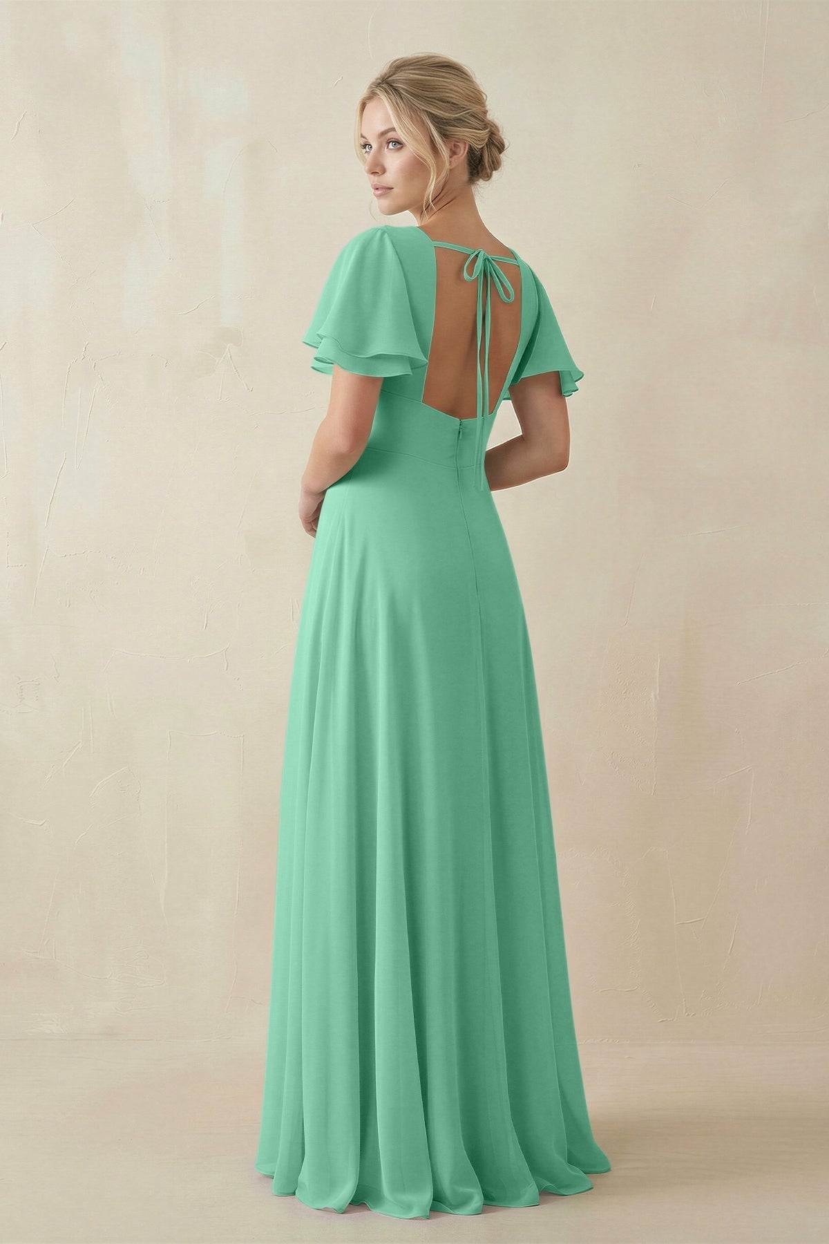 V - Neck Ruffled Short Sleeves A - Line Bridesmaid Dress in Turquoise - SHE IS ME Bridesmaid Dresses
