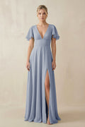 V - Neck Ruffled Short Sleeves A - Line Bridesmaid Dress in Twilight - SHE IS ME Bridesmaid Dresses