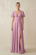 V - Neck Ruffled Short Sleeves A - Line Bridesmaid Dress in Vintage Mauve - SHE IS ME Bridesmaid Dresses